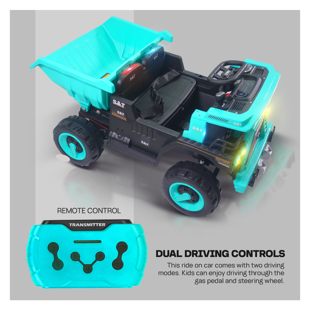 Kid-approved rechargeable ride-on truck with interactive features.