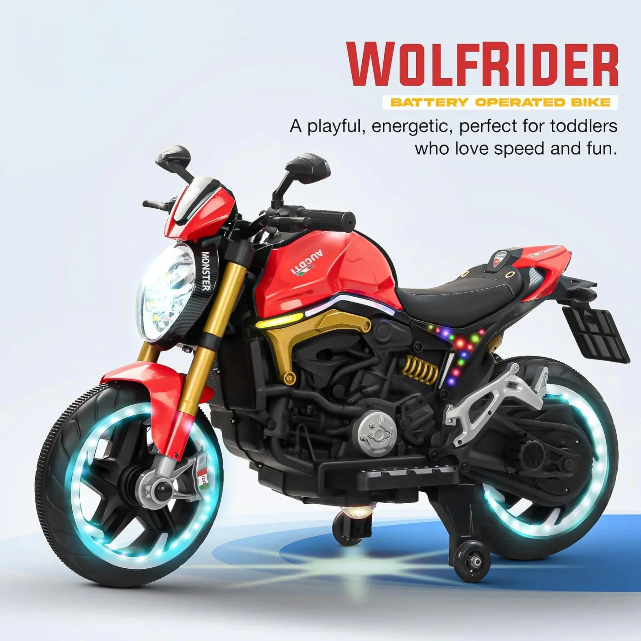 12V Kids Electric Motorcycle Bike with Training Wheels, Music & LED Lights – Ride-On Battery Bike for Boys & Girls Age 2–10 | Ducati Style by 11Cart