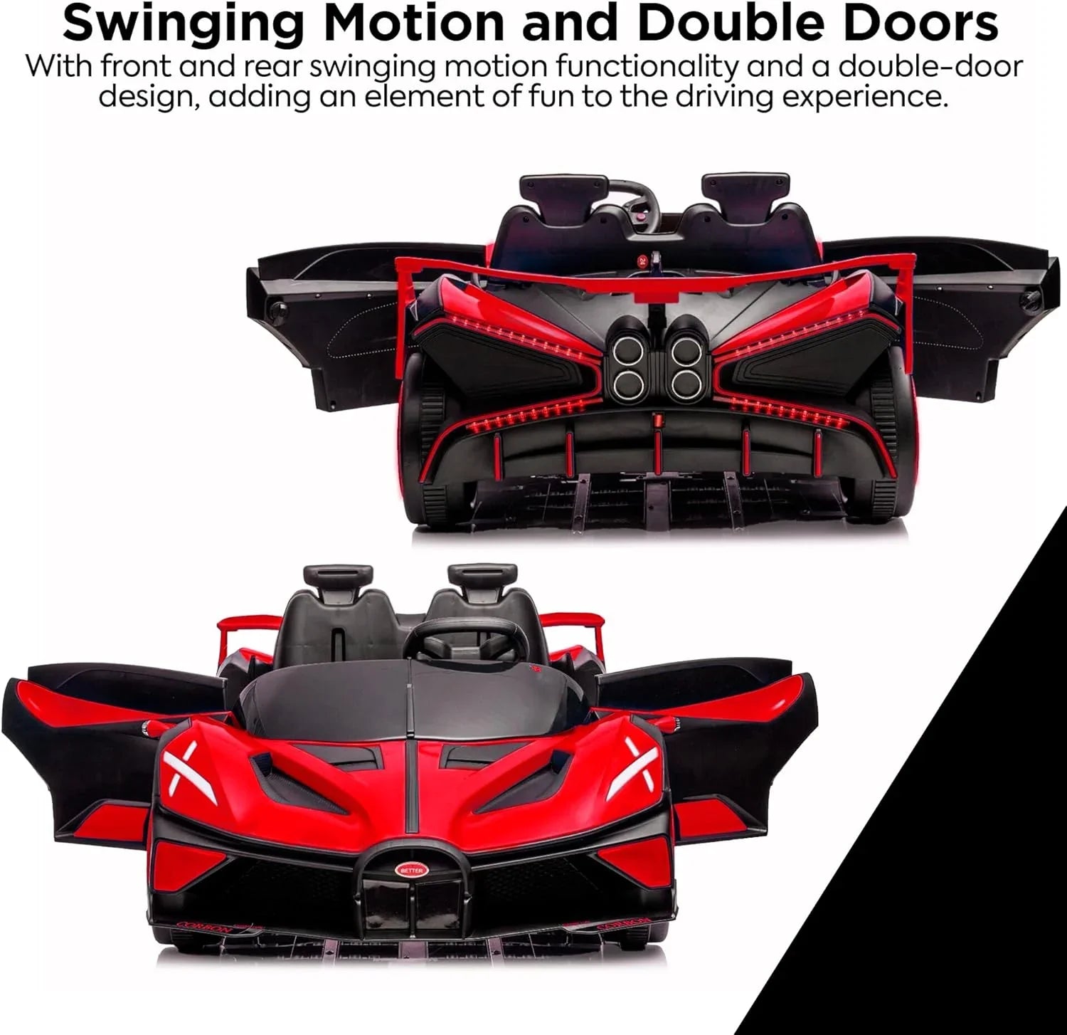 Red and black futuristic car with swinging motion and double doors on a white background.