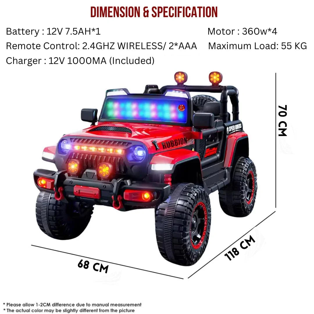 Electric jeep ride-on for children, featuring durable tires and a rechargeable battery