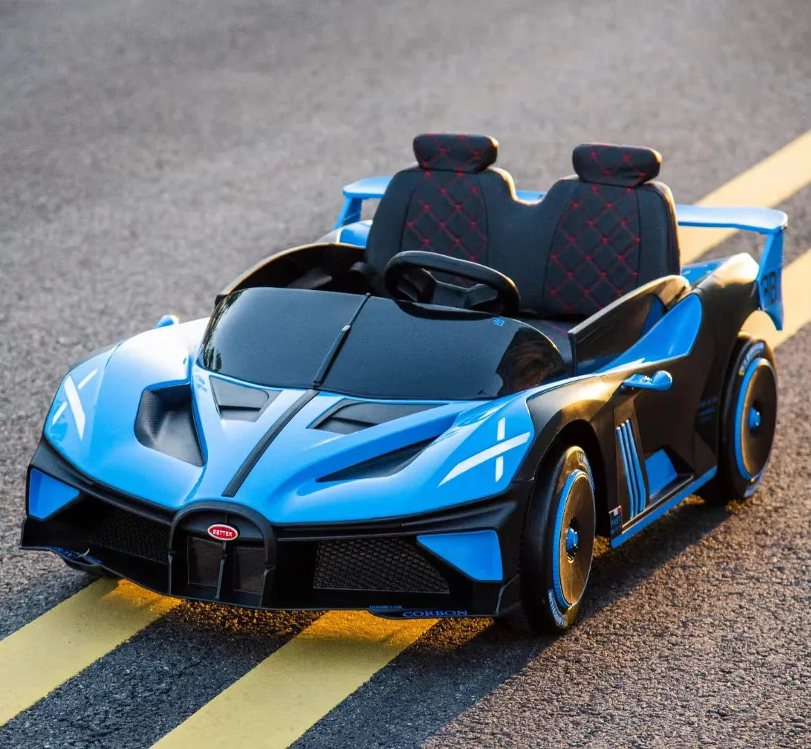 Blue and black toy car on a road
