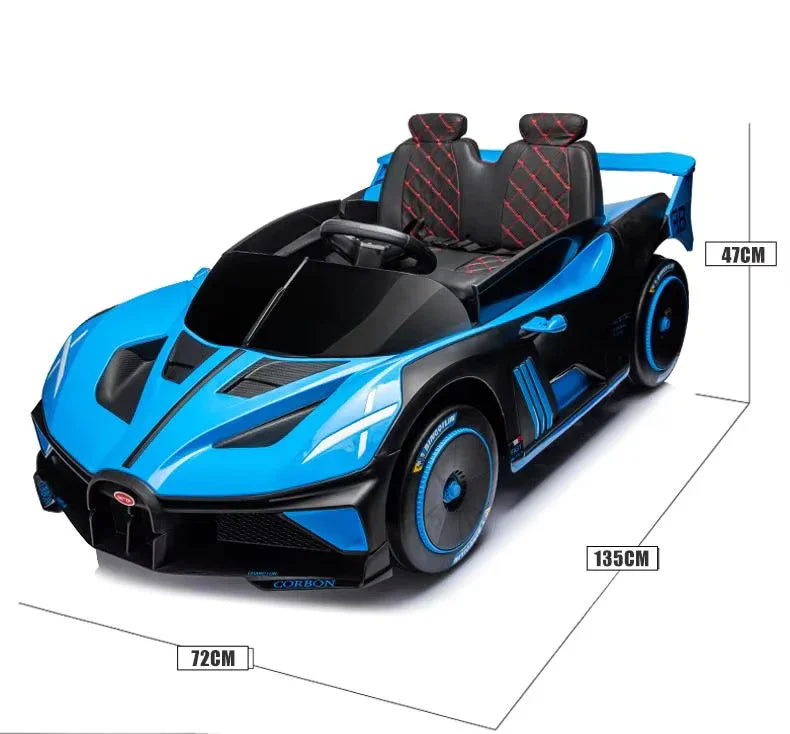 Blue and black toy car with dimensions on a white background