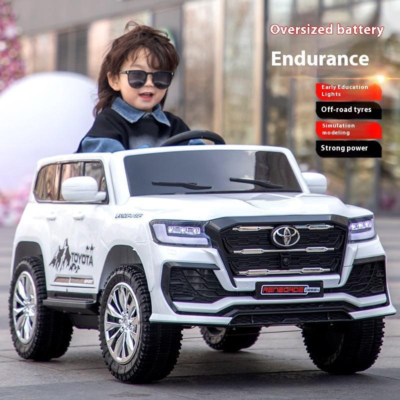 Child playing with a toy car, oversized battery endurance features displayed.