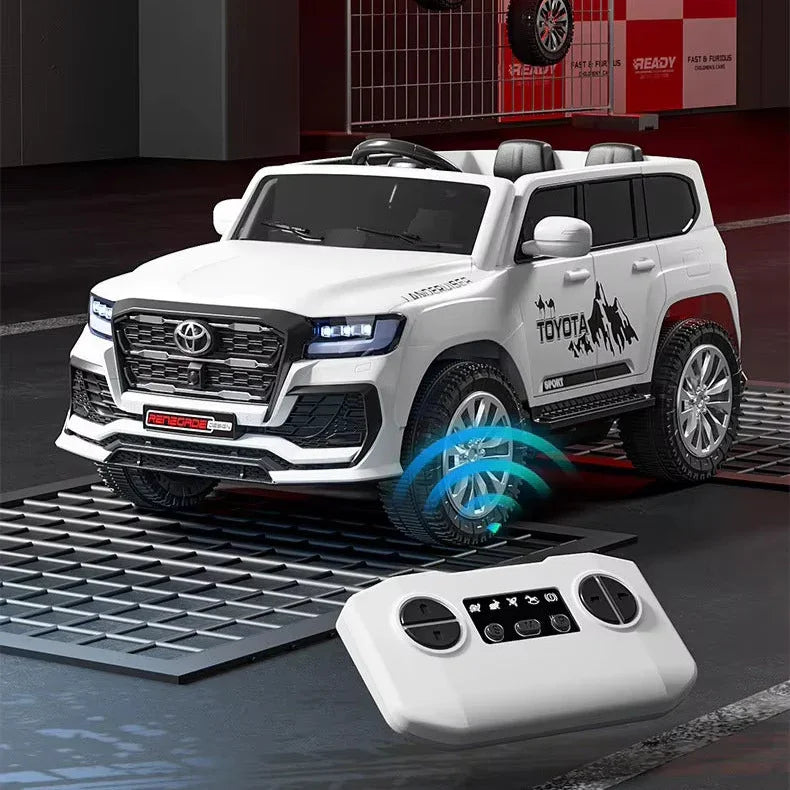 Children's SUV with remote control on a dark floor, red wall with checkered pattern in the background