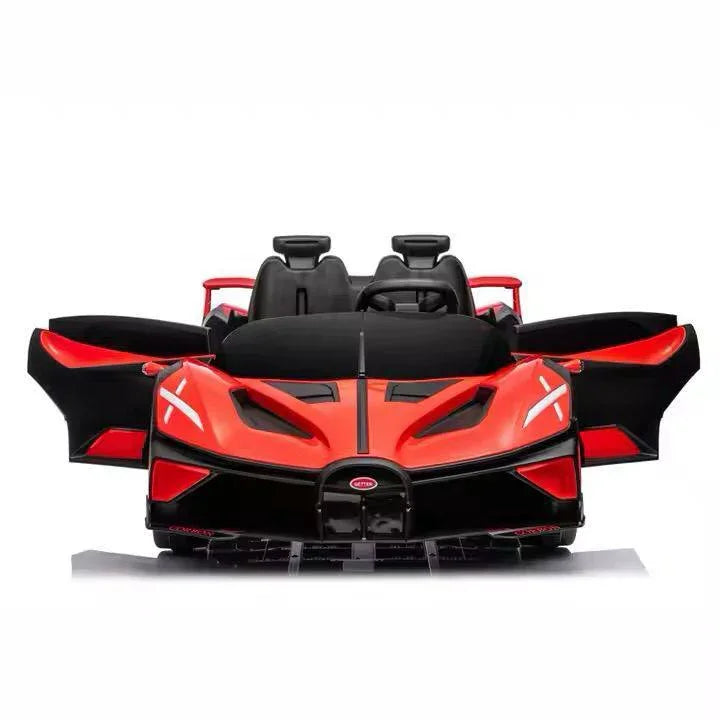 Red and black toy car with open doors on a white background