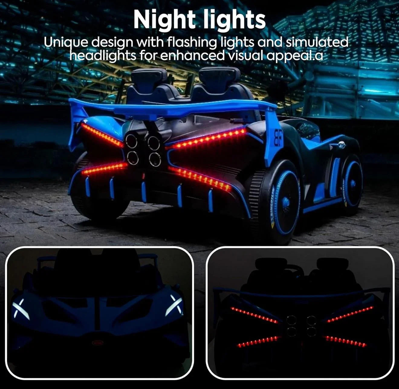 Toy car with night lights and flashing lights feature in a dark setting