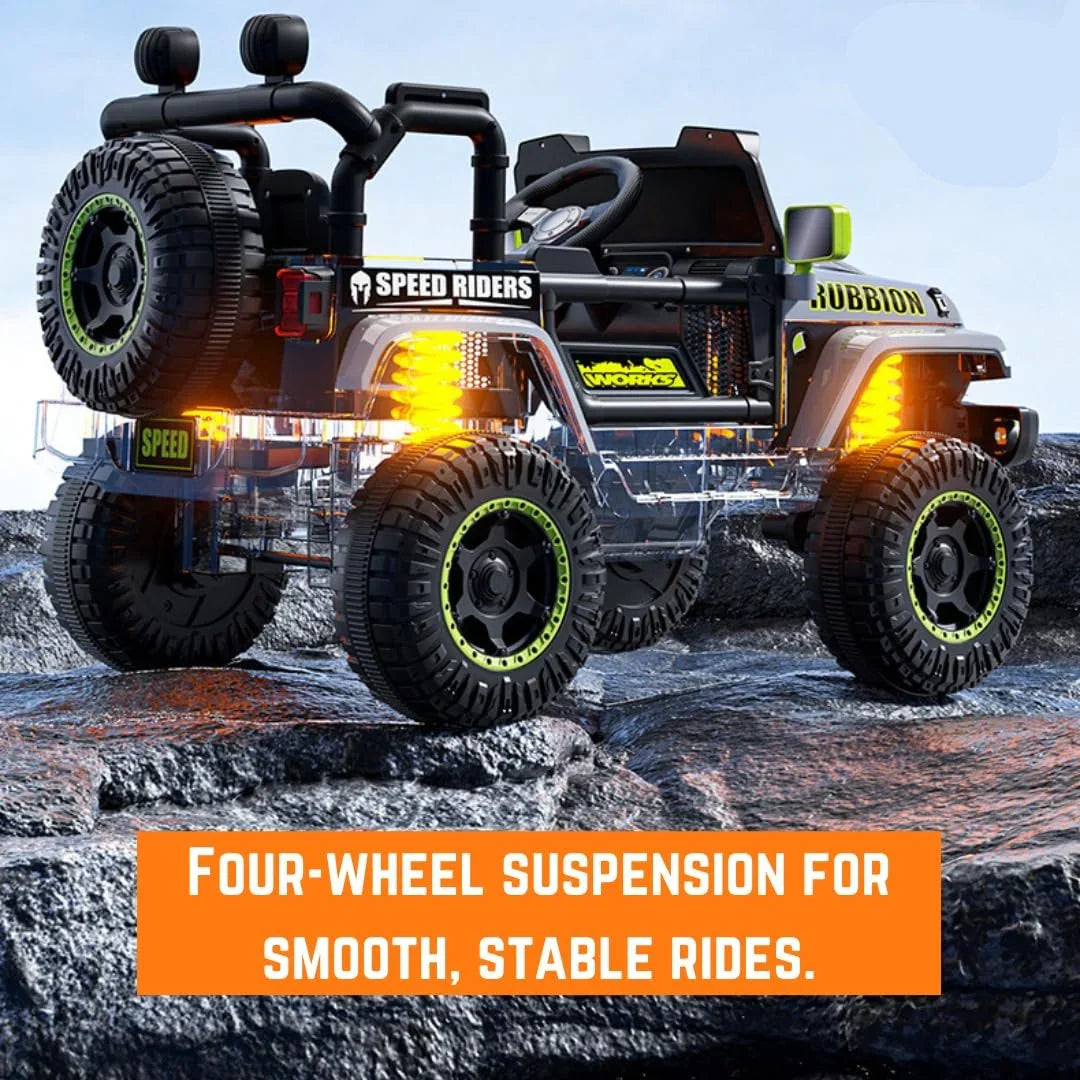 Rechargeable kids' jeep with fun features, including working lights and music