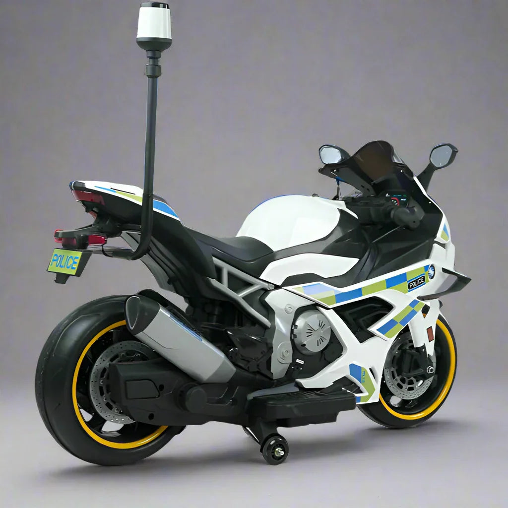 Model motorcycle with police markings on a gray background