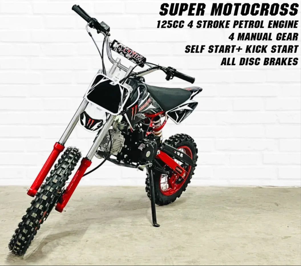 125cc Super Motocross Dirt Bike – 4-Stroke Petrol Engine, Disc Brakes, High Ground Clearance | Off-Road