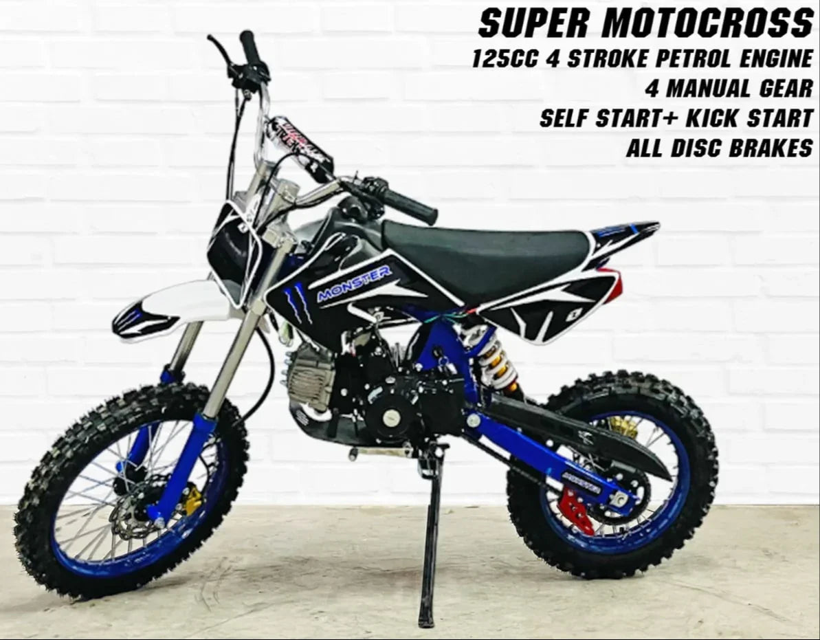 125cc Super Motocross Dirt Bike – 4-Stroke Petrol Engine, Disc Brakes, High Ground Clearance | Off-Road