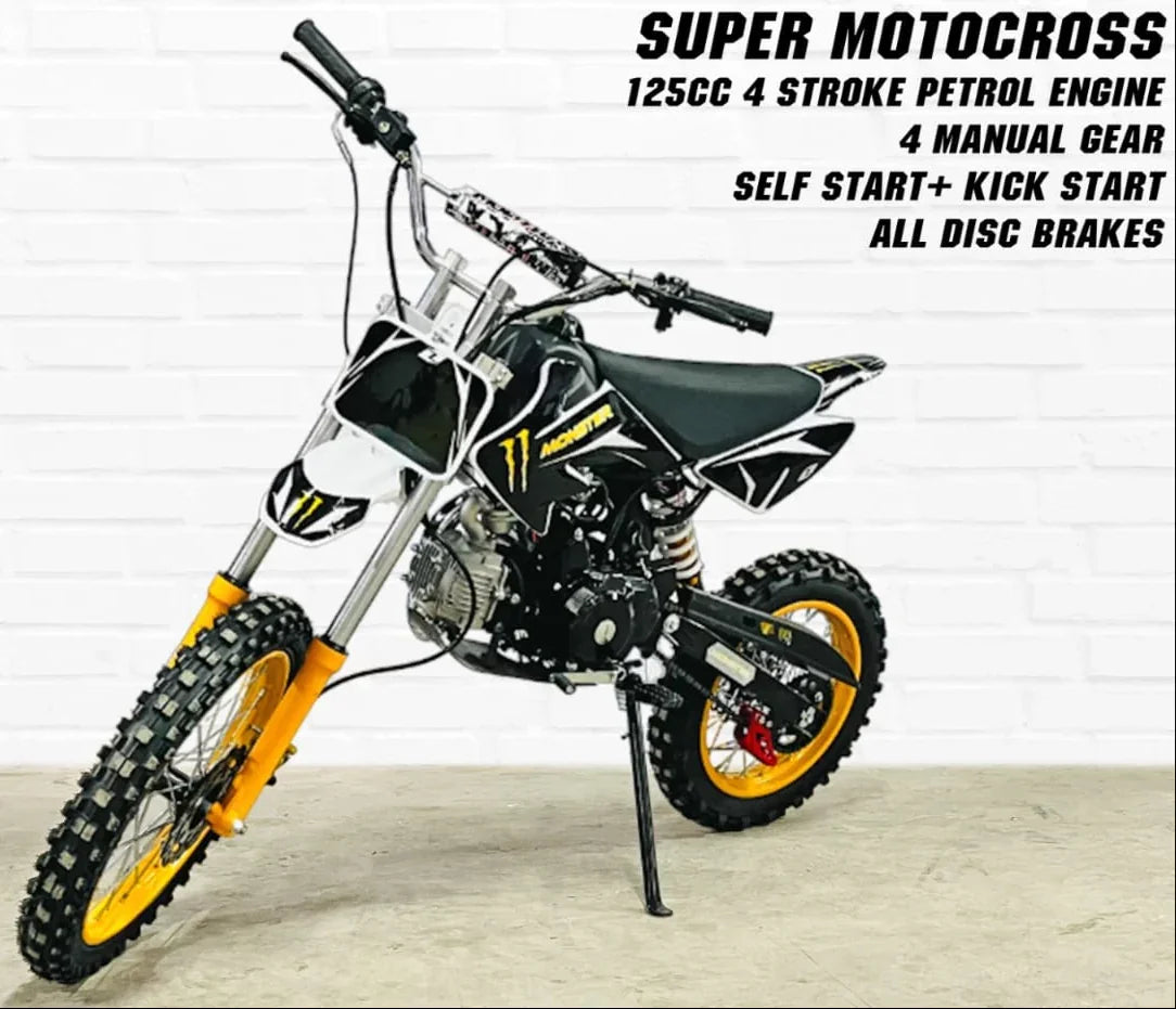 125cc Super Motocross Dirt Bike – 4-Stroke Petrol Engine, Disc Brakes, High Ground Clearance | Off-Road