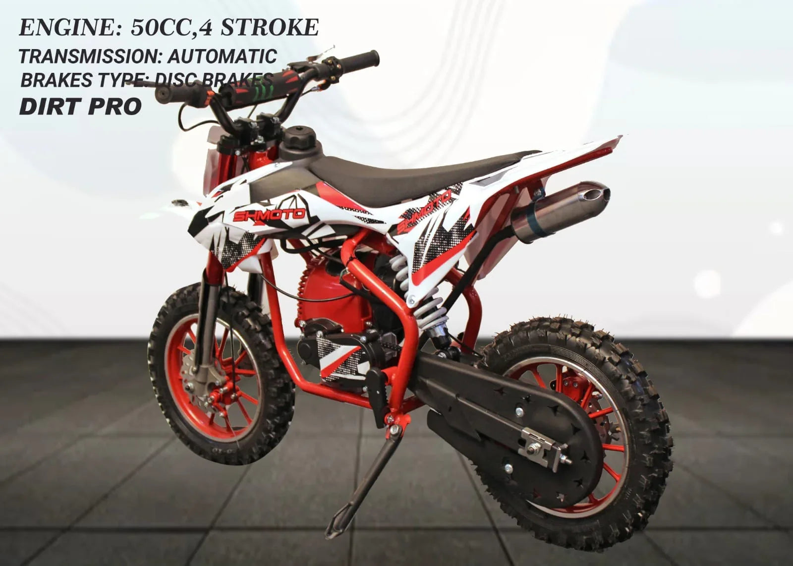 50cc Mini Dirt Bike – 4-Stroke Engine, Pull Start, All Disc Brakes, Kid-Friendly Off-Road Motorbike