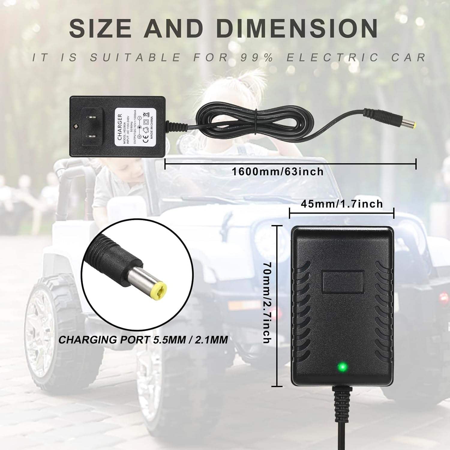 11CART 12V Universal Battery Charger for Kids Ride-On Cars, Bikes & Electric Toys