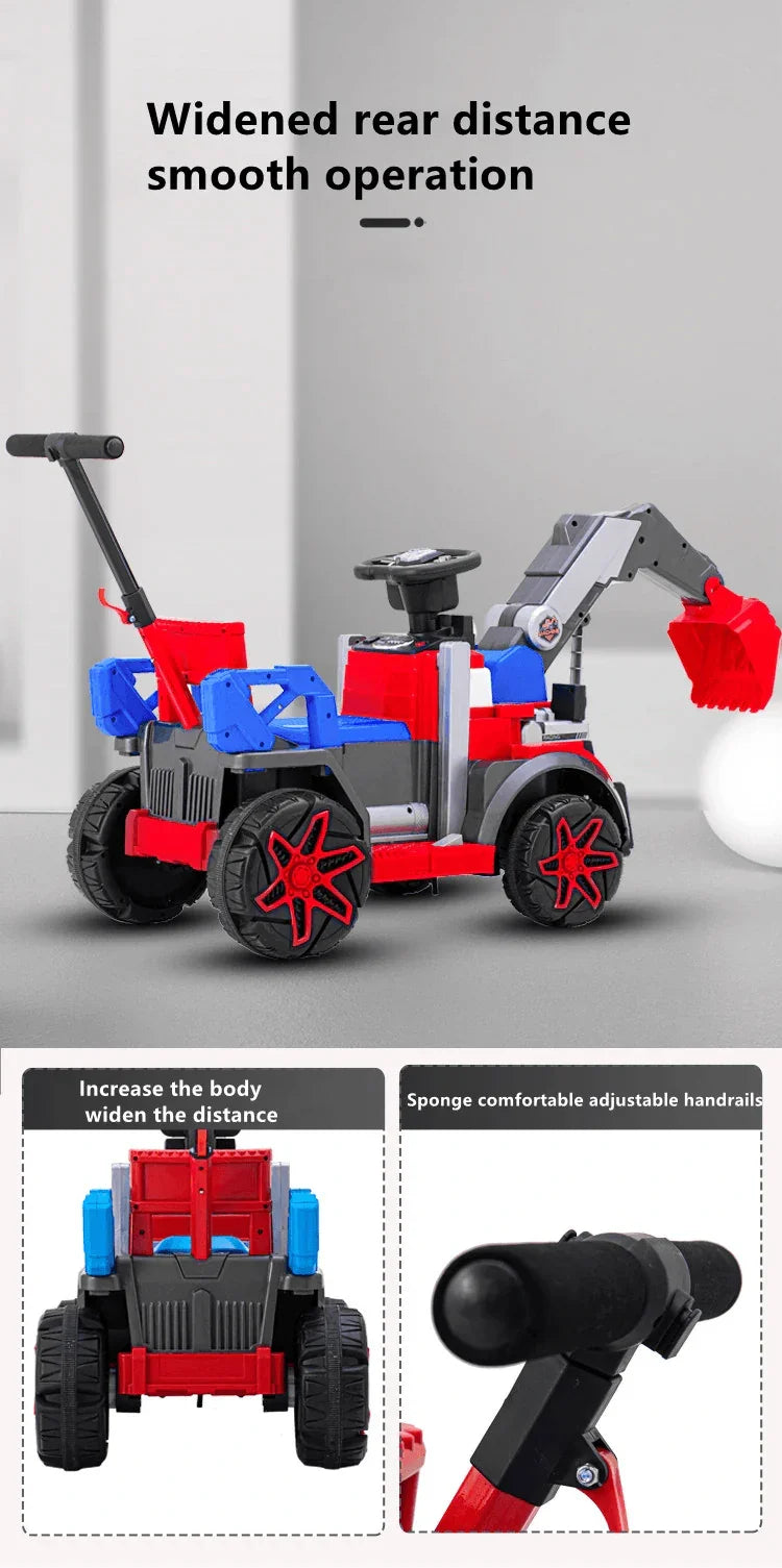 Kids’ ride-on excavator, featuring a working digger arm and fun sound effects