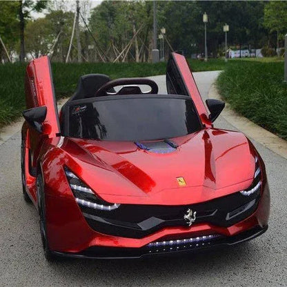 Red toy car with Ferrari logo on a road