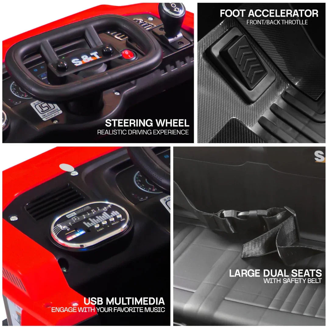 Child-friendly ride-on truck featuring rechargeable battery for extended play