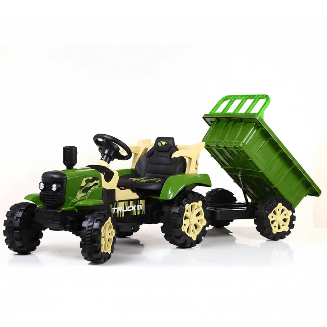 11CART Kids Ride On Tractor 12V Battery Operated with Hydraulic Trolley, Dual Motor Electric Tractor for Kids with Music & Lights