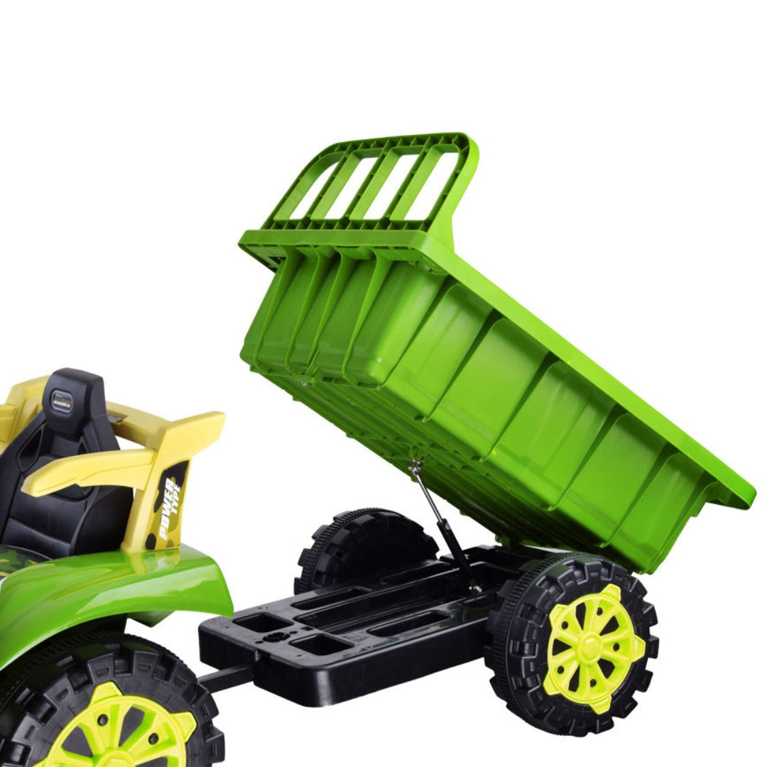 11CART Kids Ride On Tractor 12V Battery Operated with Hydraulic Trolley, Dual Motor Electric Tractor for Kids with Music & Lights