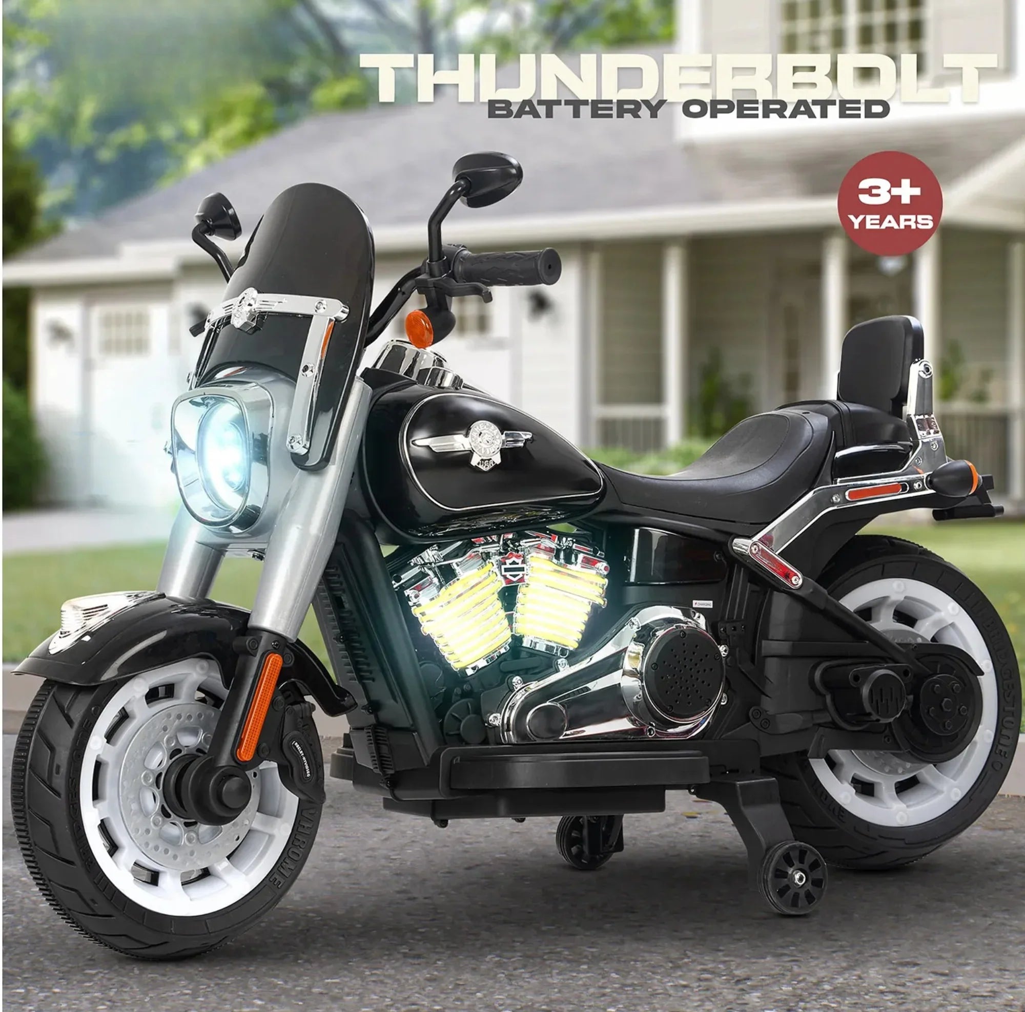 Toy motorcycle with detailed design, labeled 'Thunderbolt Battery Operated', on a blurred outdoor background.