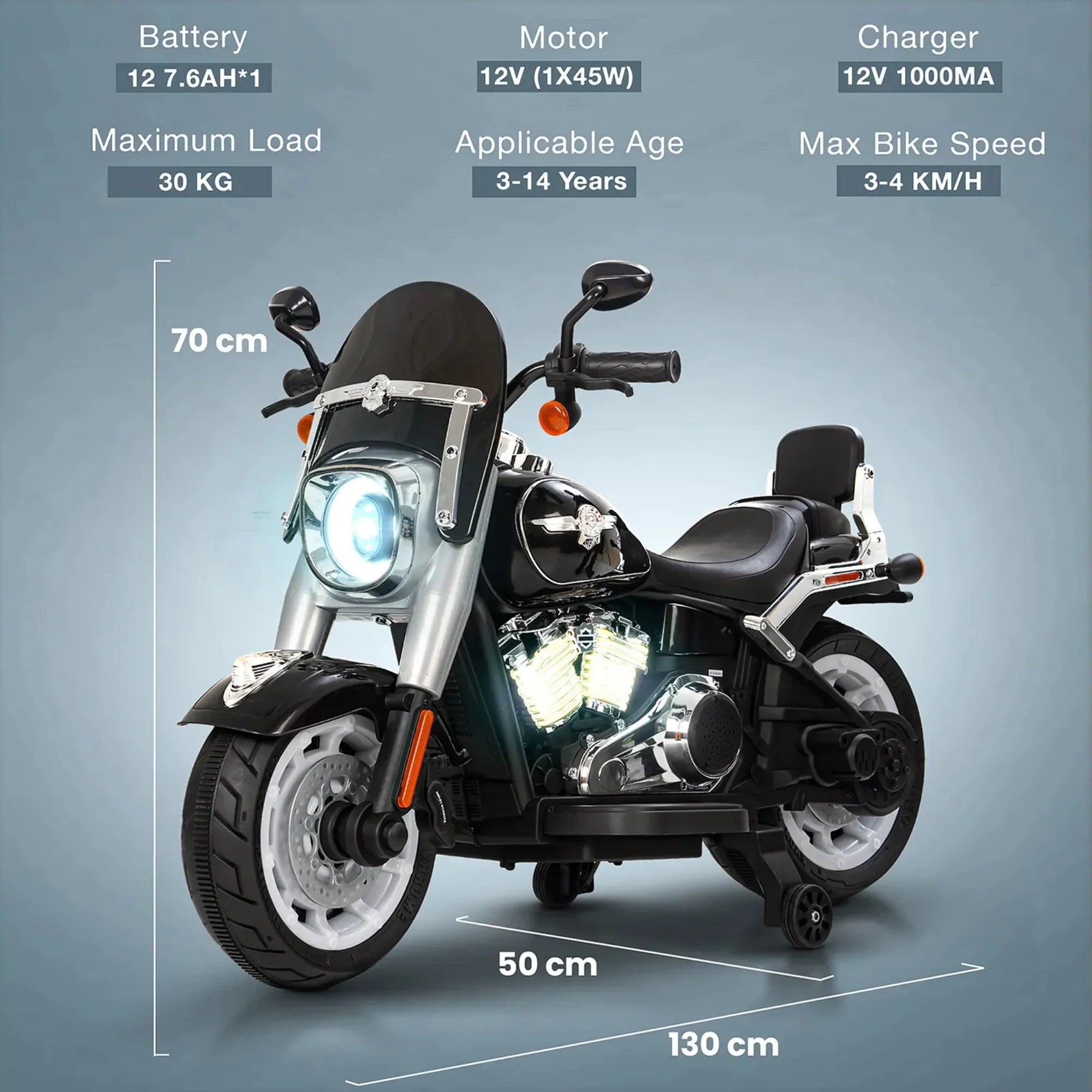 Children's motorcycle with specifications on a gray background