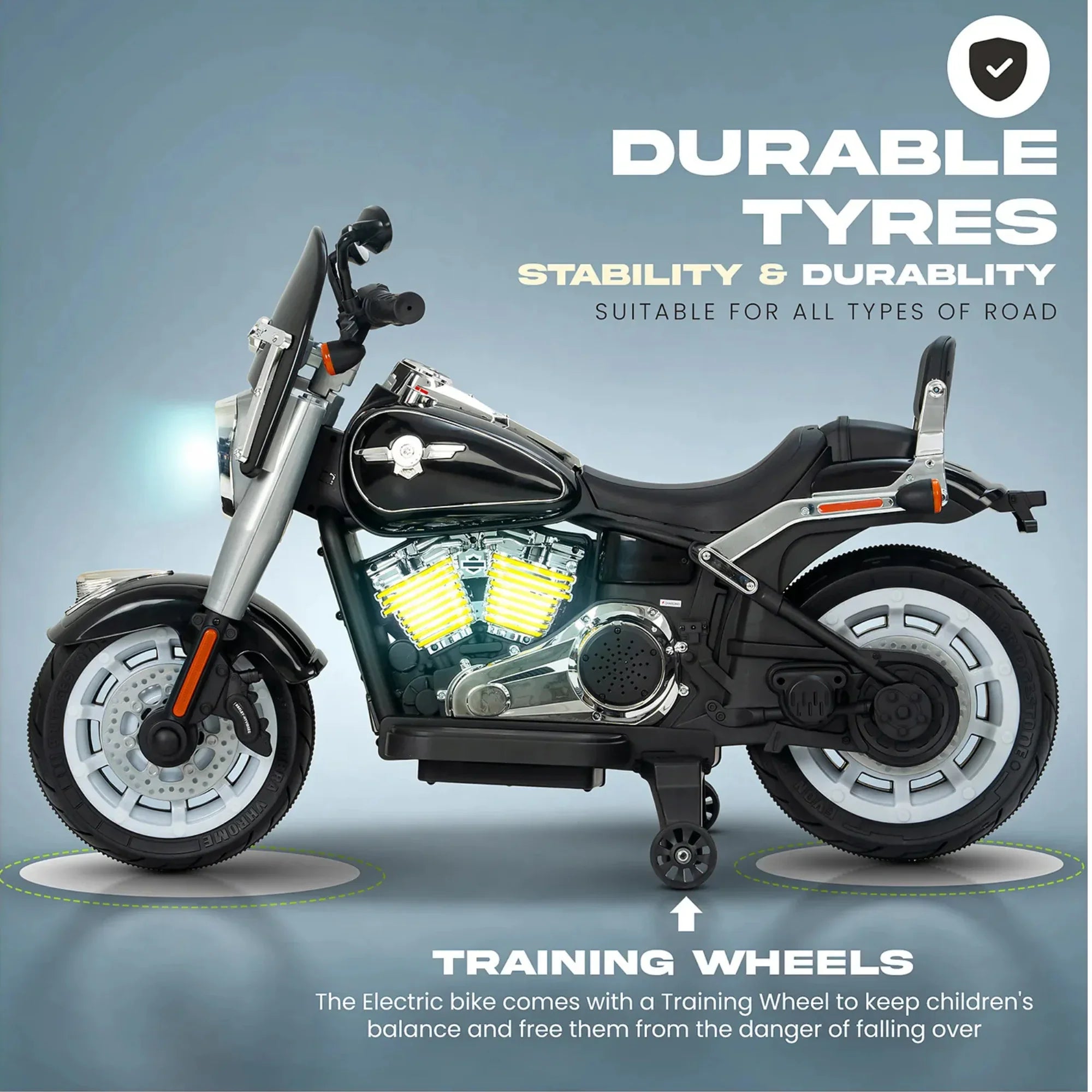Children's electric bike with training wheels on a gray background, highlighting durability and stability.