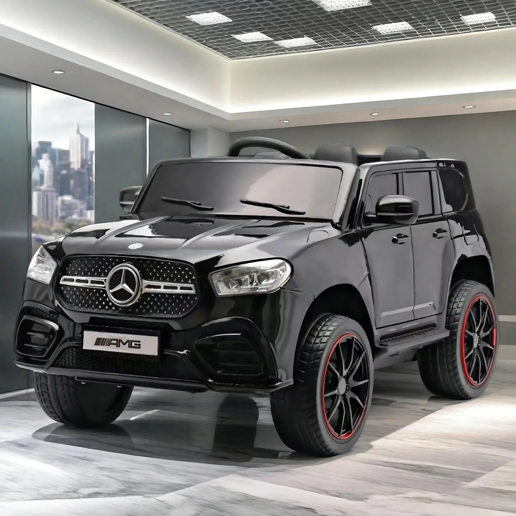 Black Mercedes-Benz toy car with red accents on a wooden floor.