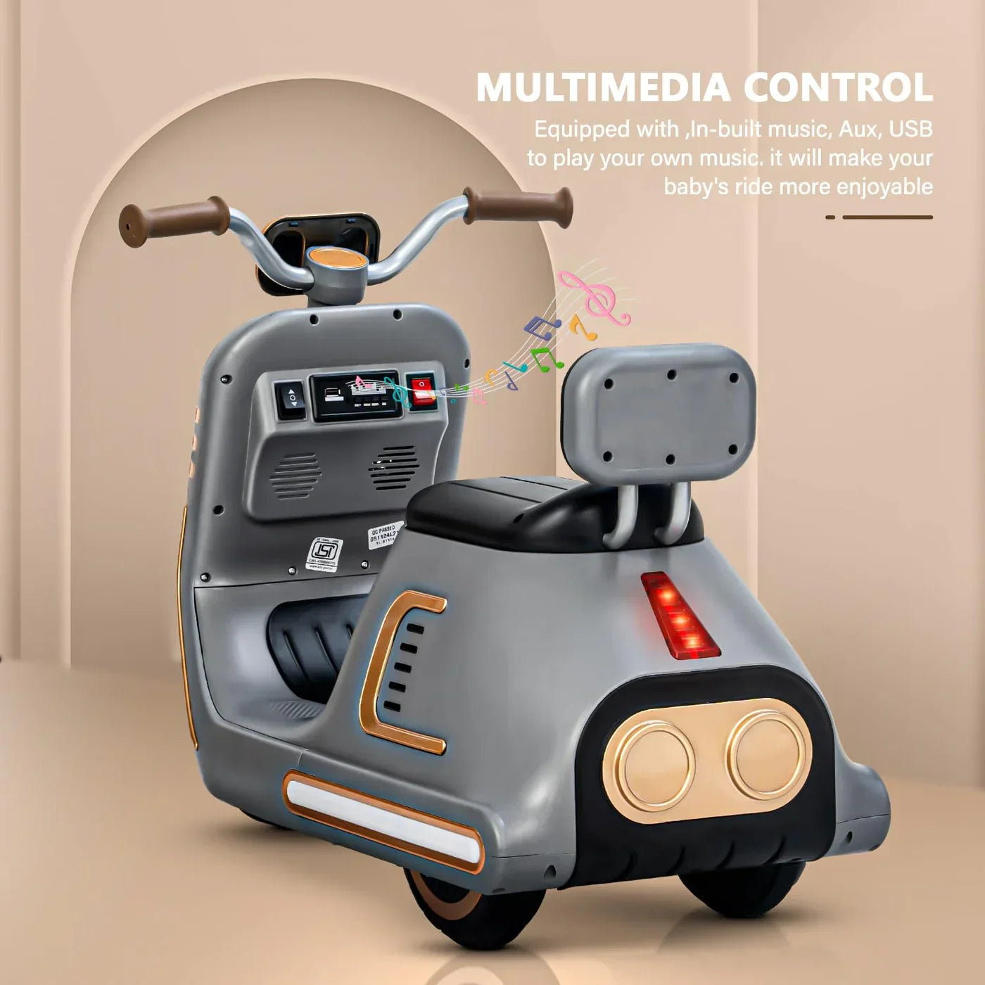 Electric Vespa-style ride on scooter for toddlers

