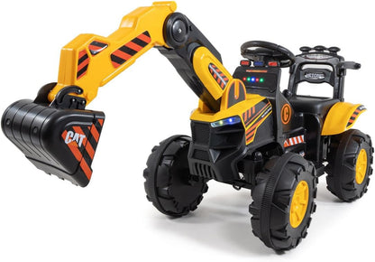 A yellow and black ride-on toy excavator with a CAT logo on the bucket, shown on a clean white background.