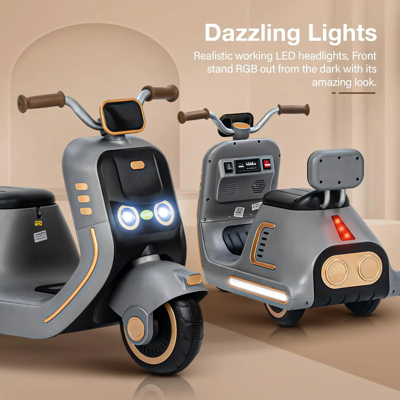 Stylish pink Vespa bike toy for kids with rechargeable battery