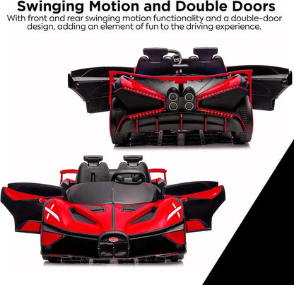 Red and black futuristic car with swinging motion and double doors on a white background.