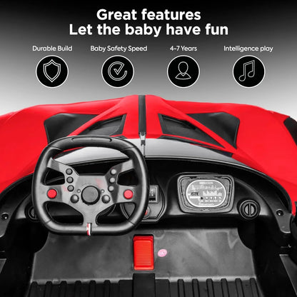 Red toy car with steering wheel and dashboard, featuring text on its features.
