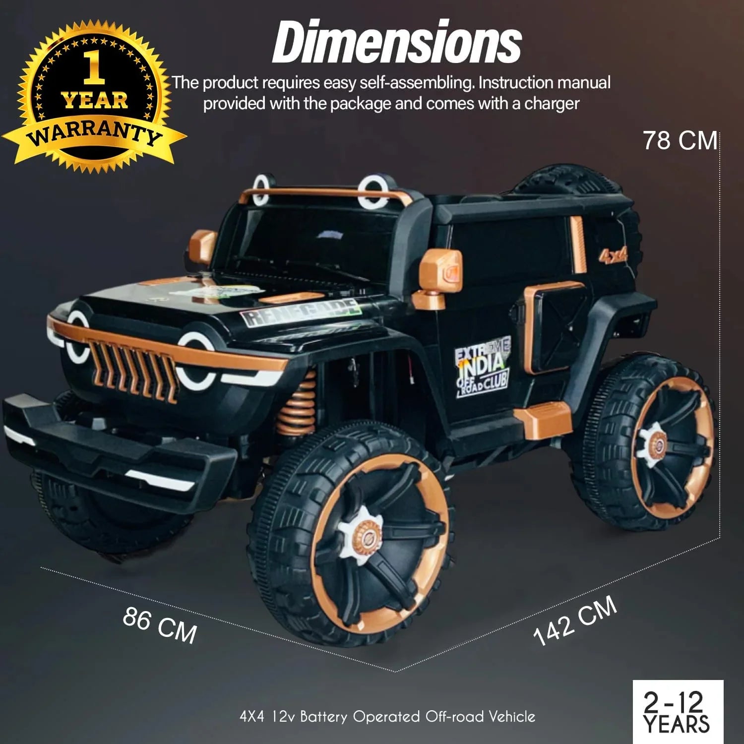 12V 4x4 Ride On Jeep for Kids with Remote | Dual Seats, Music System & Rear Suspension