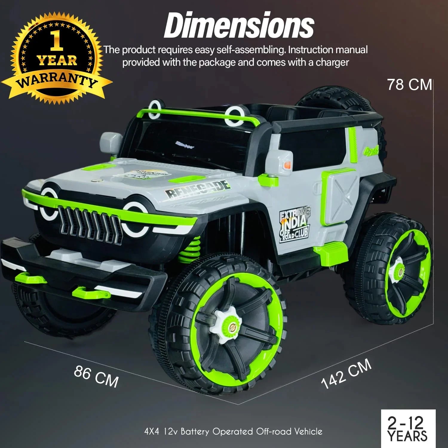 12V 4x4 Ride On Jeep for Kids with Remote | Dual Seats, Music System & Rear Suspension