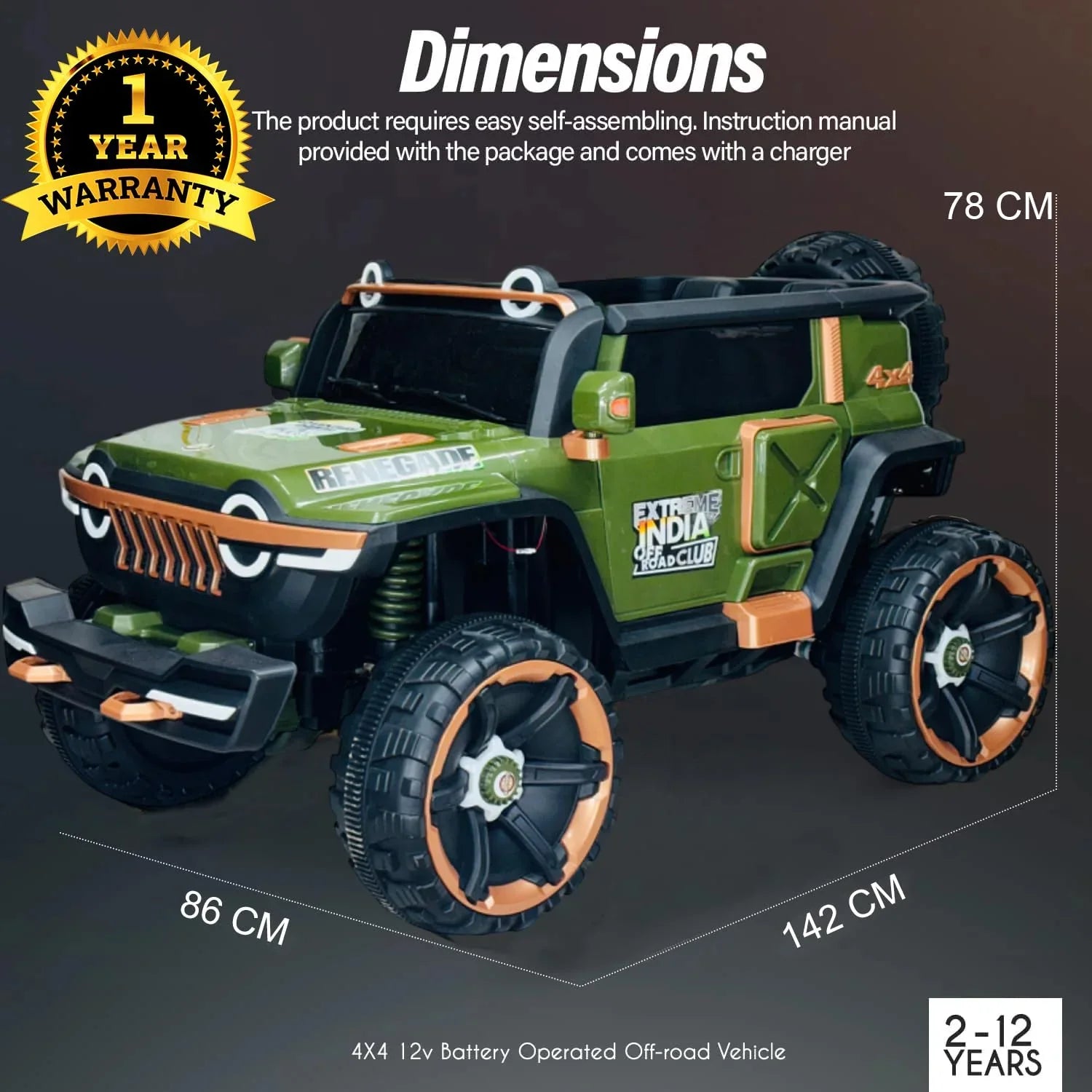 12V 4x4 Ride On Jeep for Kids with Remote | Dual Seats, Music System & Rear Suspension