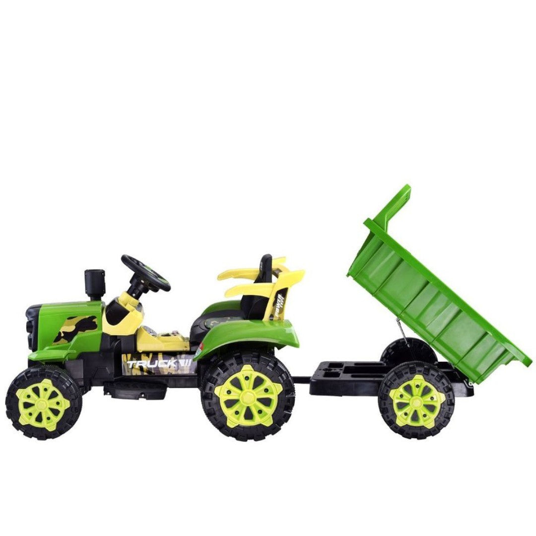 11CART Kids Ride On Tractor 12V Battery Operated with Hydraulic Trolley, Dual Motor Electric Tractor for Kids with Music & Lights
