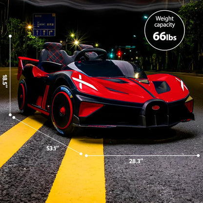Red toy car with black accents on a road at night, showing dimensions and weight capacity.