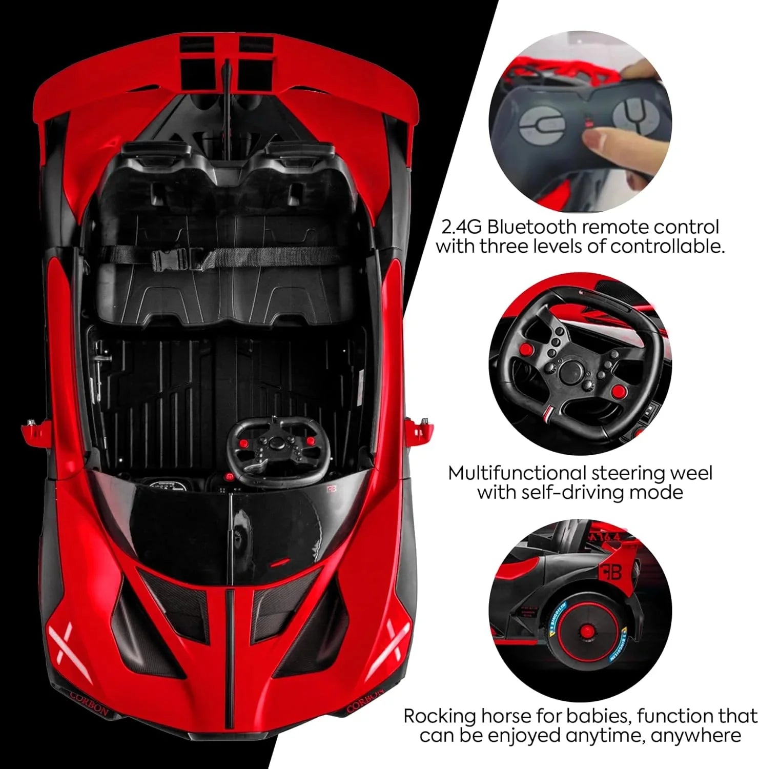 Red toy car with remote control features and specifications on a black background