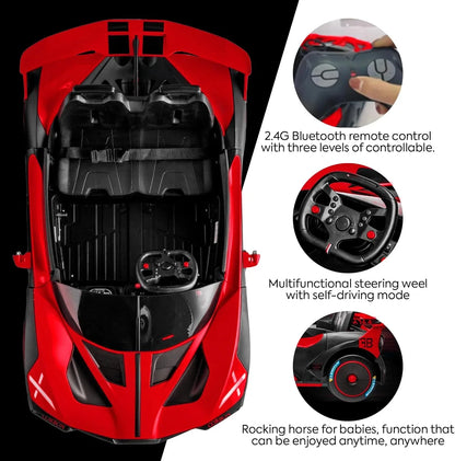 Red toy car with remote control features and specifications on a black background