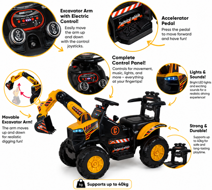 11CART Kids Ride-On JCB Excavator | 12V Battery-Powered Excavator Toy