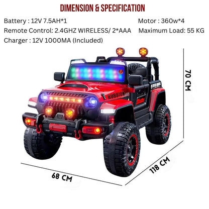 Electric ride-on jeep for children, featuring a rechargeable battery and smooth ride
