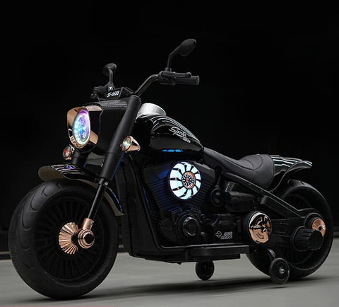 Black motorcycle model with LED lights on a dark background