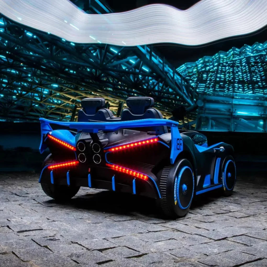 Futuristic car with glowing red accents in a high-tech tunnel.