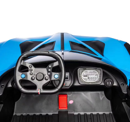 Close-up of a toy car's interior with steering wheel and dashboard on a white background