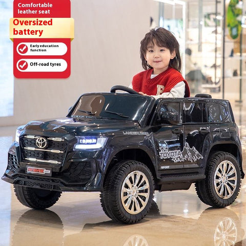 Child sitting in a toy car with promotional text about features.