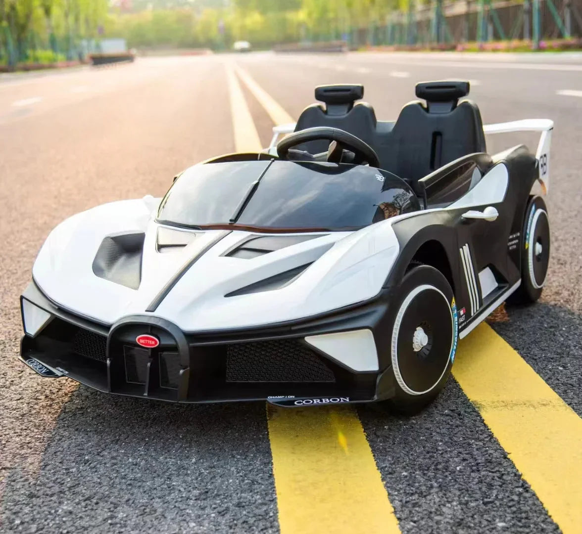 Children's toy car resembling a high-end sports car on a road