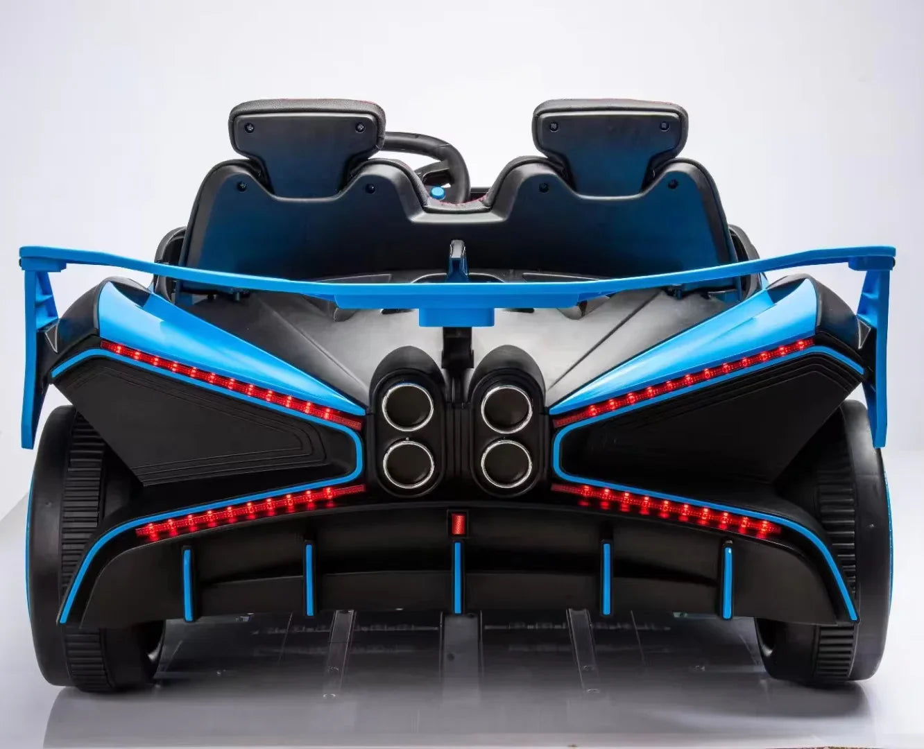 Back view of a futuristic vehicle with blue and black design on a white background