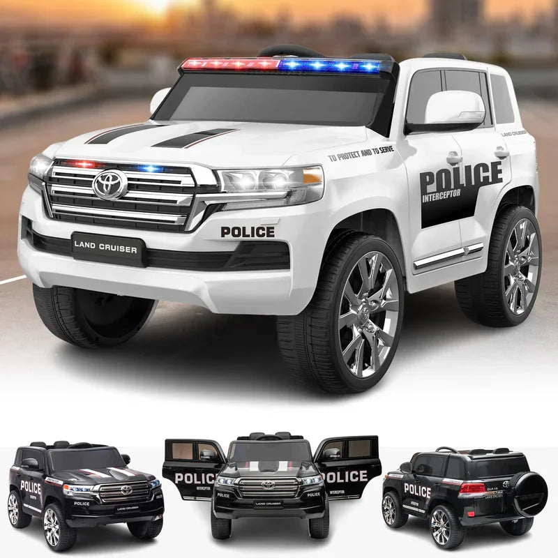 A battery-operated Toyota Land Cruiser Police car for kids, with working sirens and flashing lights.