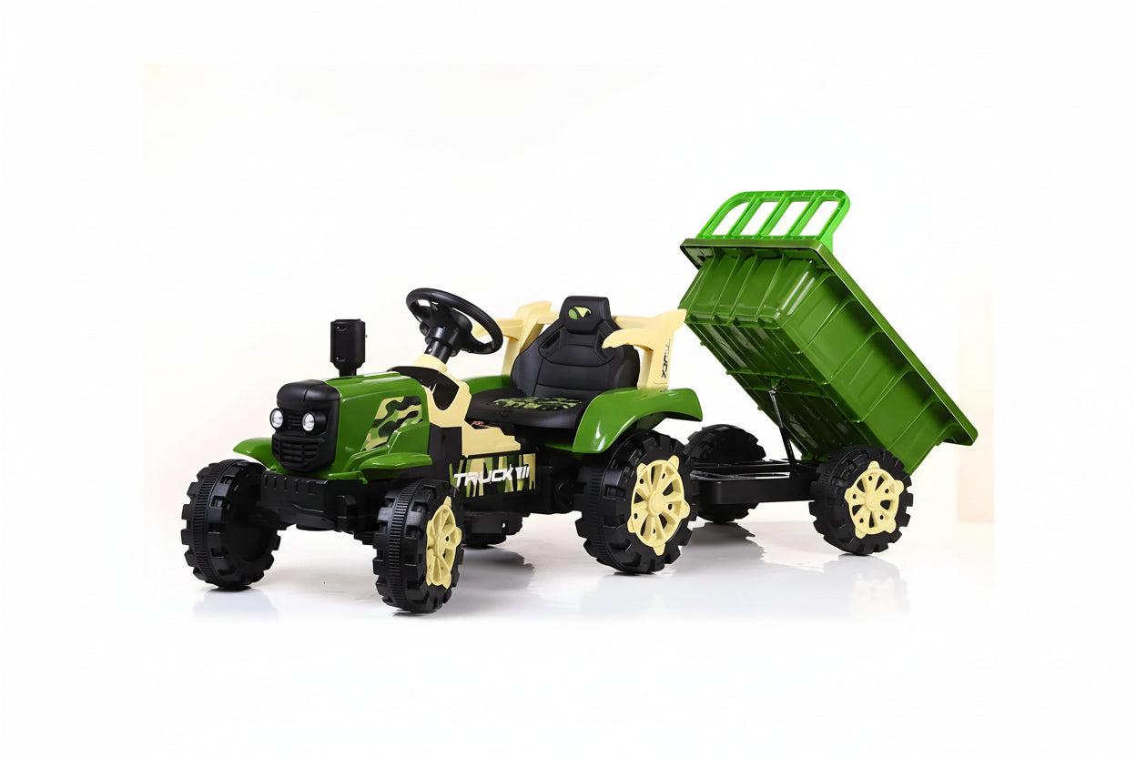 11CART Kids Ride On Tractor 12V Battery Operated with Hydraulic Trolley, Dual Motor Electric Tractor for Kids with Music & Lights