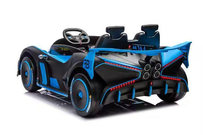 Toy car with blue and black design on a white background