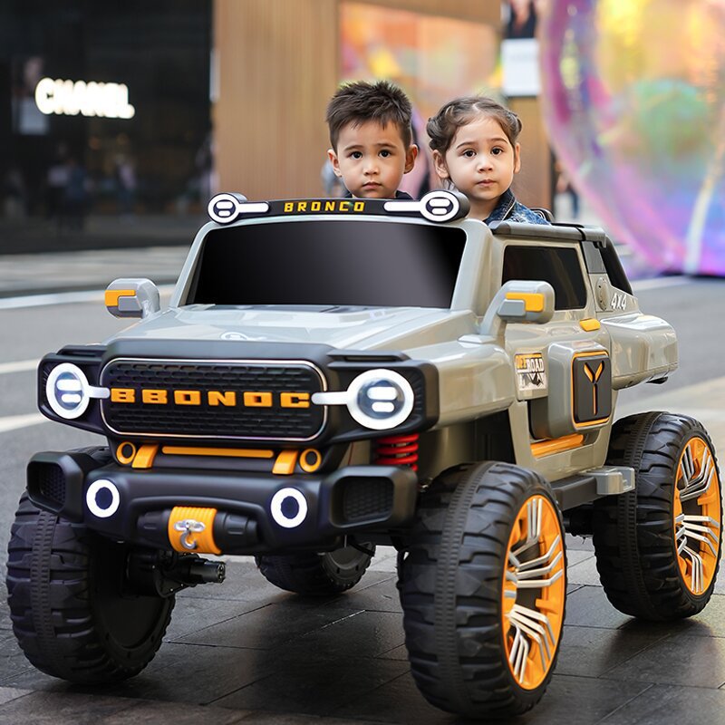 red electric Jeep for kids, with four wheels and a sleek design.
